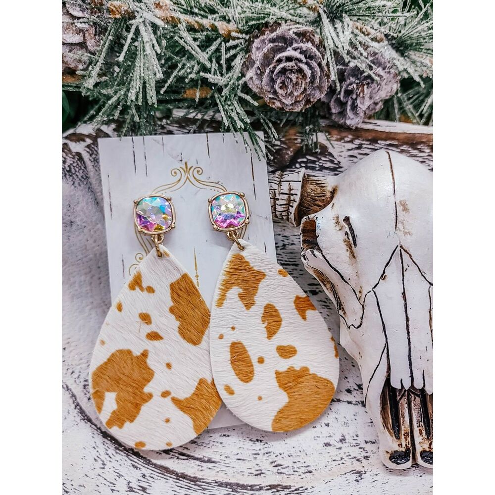 Leopard Hair On Genuine Leather Gem Post Teardrop Earrings New on Card